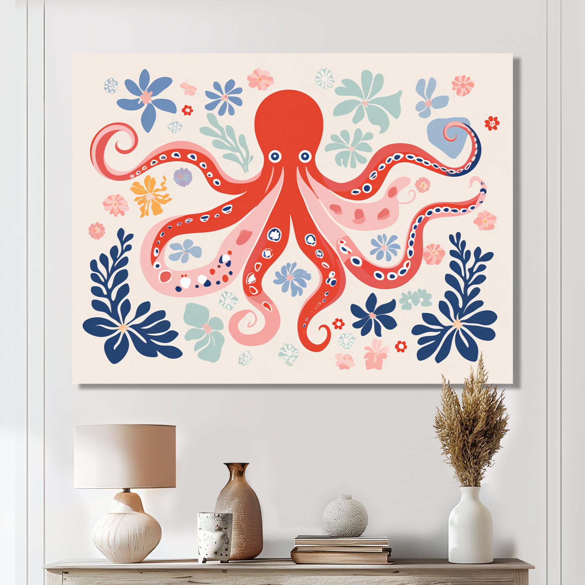 Deep Ocean Red Octopus Retro Illustration - Octopus Bedroom Wall Art