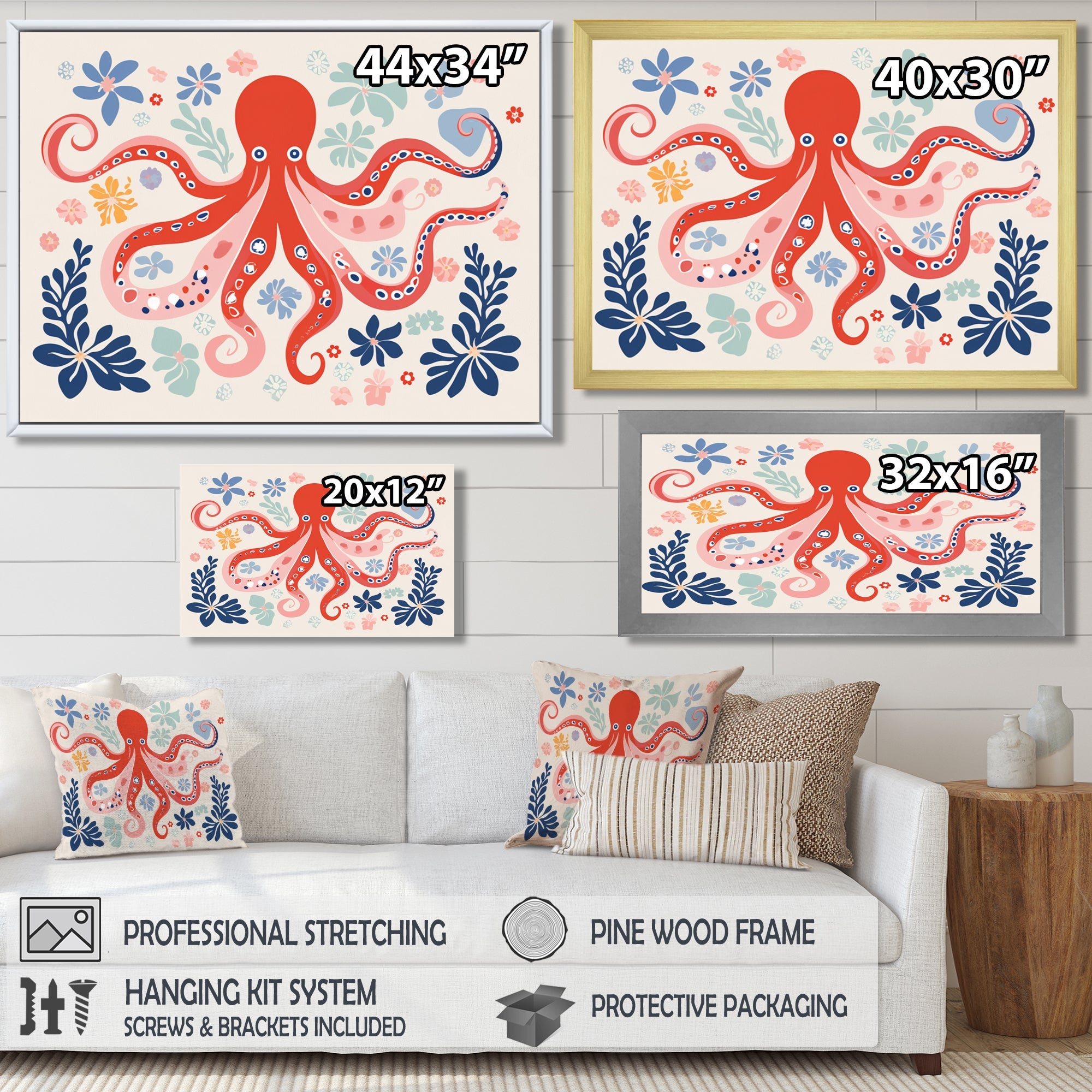 Deep Ocean Red Octopus Retro Illustration - Octopus Bedroom Wall Art