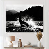 Orca Splashing In The Water Monochrome - Coastal Animal Framed Canvas Art