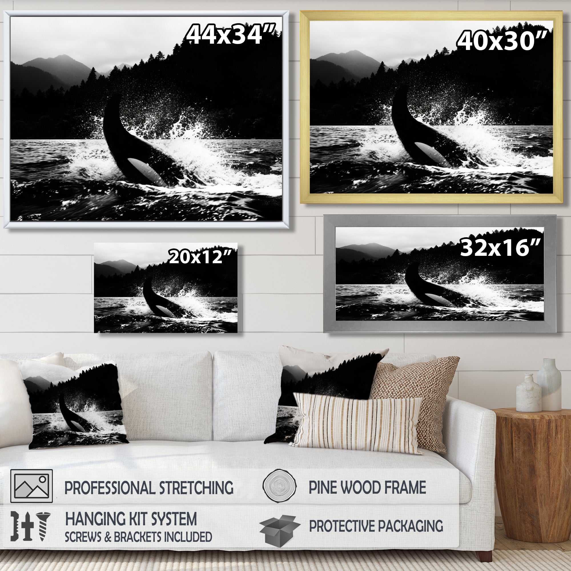 Orca Splashing In The Water Monochrome - Coastal Animal Framed Canvas Art