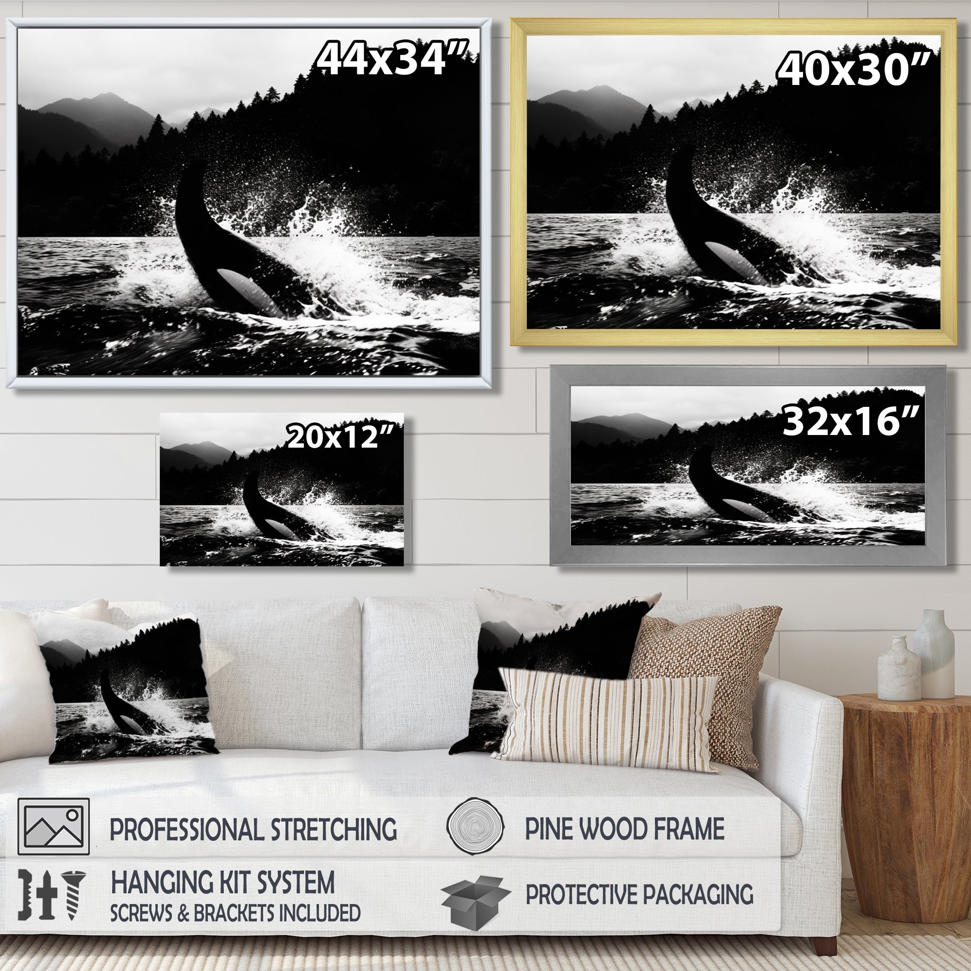 Orca Splashing In The Water Monochrome - Coastal Animal Framed Canvas Art