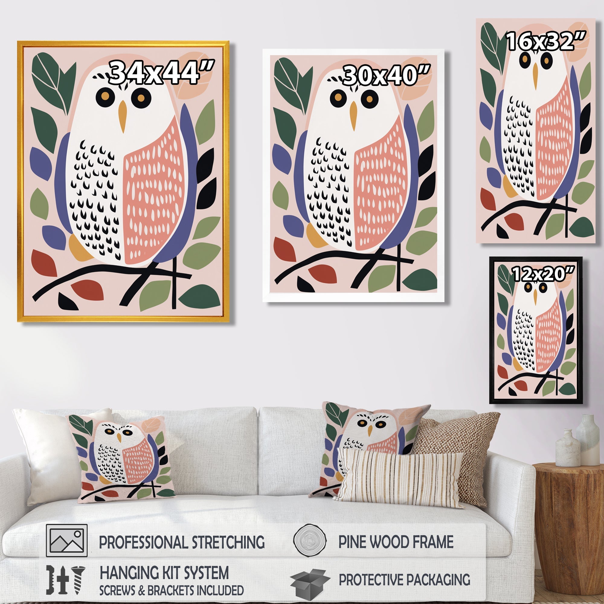 Playful Graphic White Owl Retro Colors - Owl Canvas Wall Art