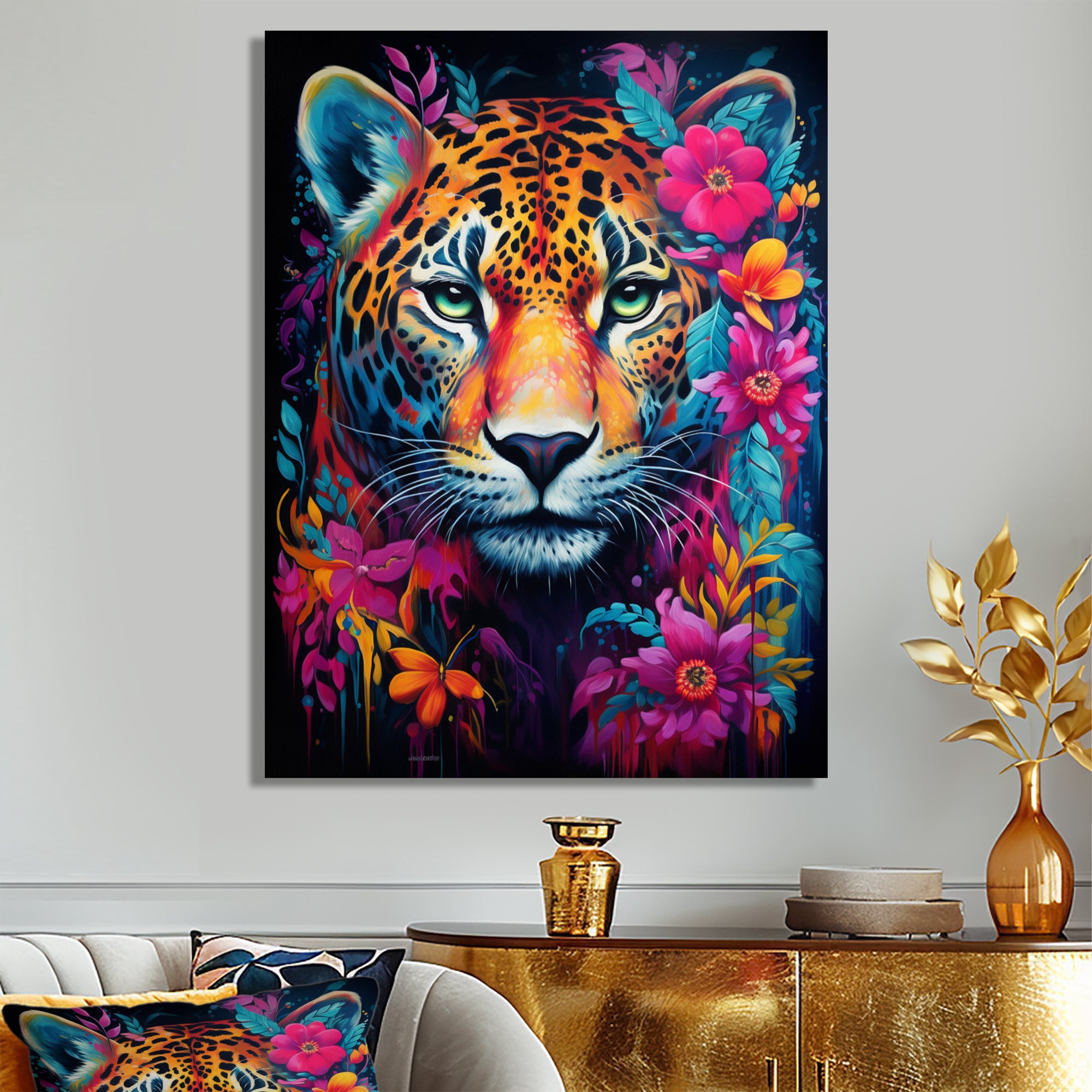 Tiger Portrait With Blossoming Fuchsia Flower - Tiger Fashion Wall Art Prints