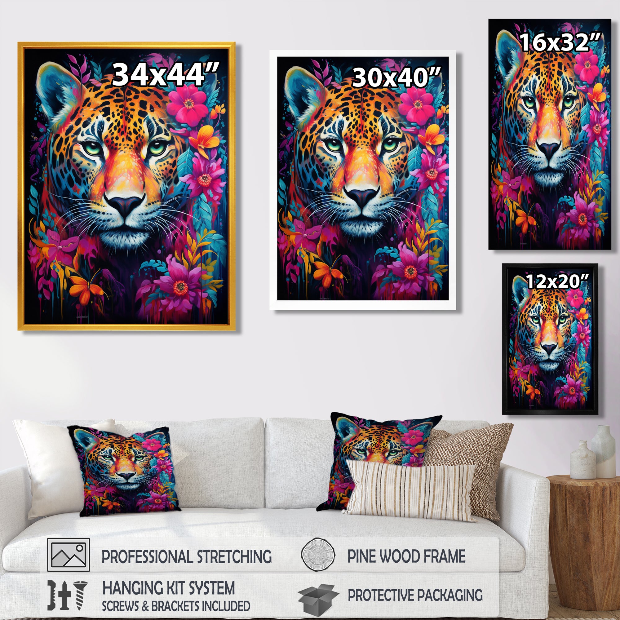 Tiger Portrait With Blossoming Fuchsia Flower - Tiger Fashion Wall Art Prints
