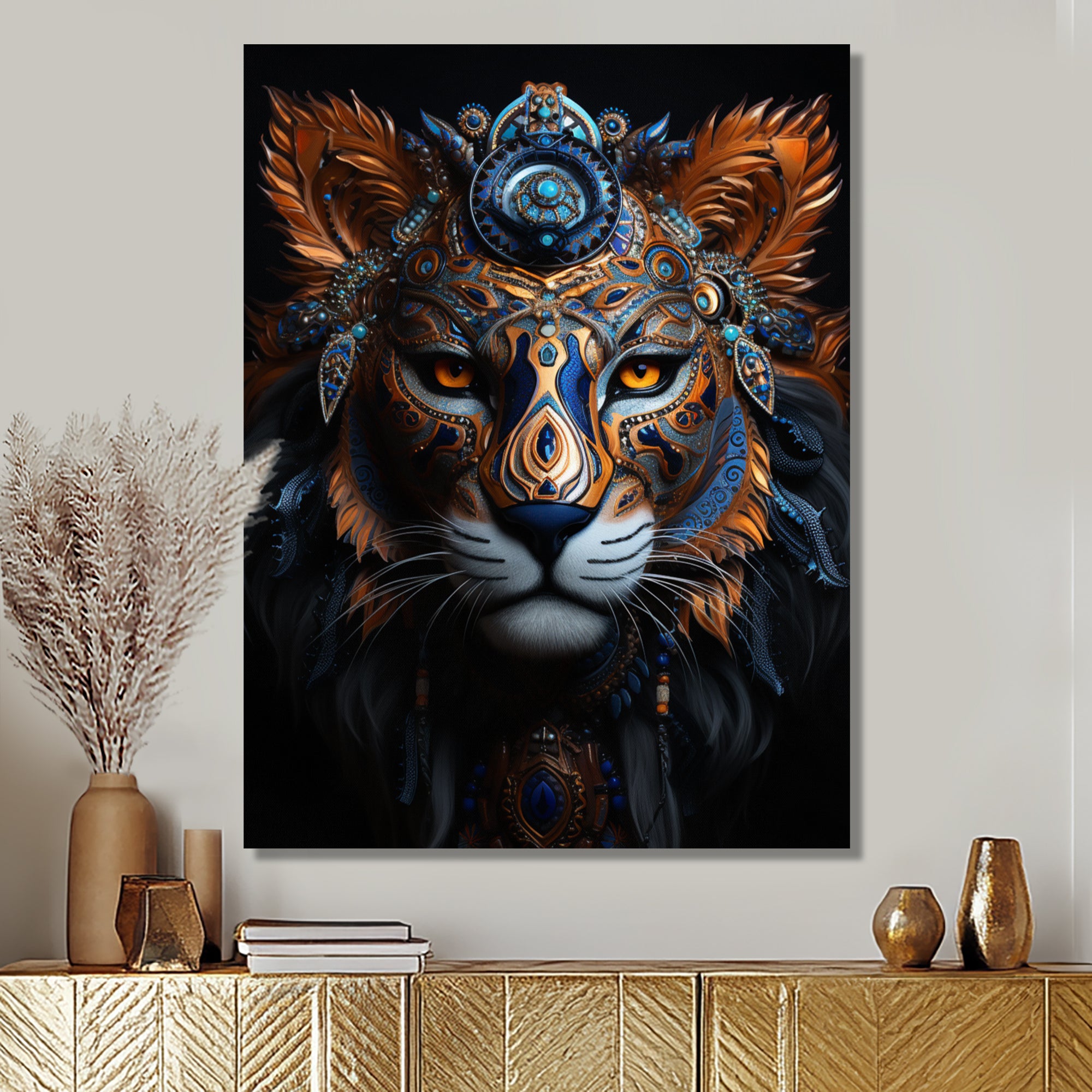 Shamanic Tribal Portrait Of Tiger Tribe - Tiger Fashion Large Canvas Wall Art