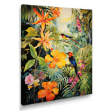 Colorful Birds In Flowery Tropical Jungle - Bird Floral Living Room Wall Art