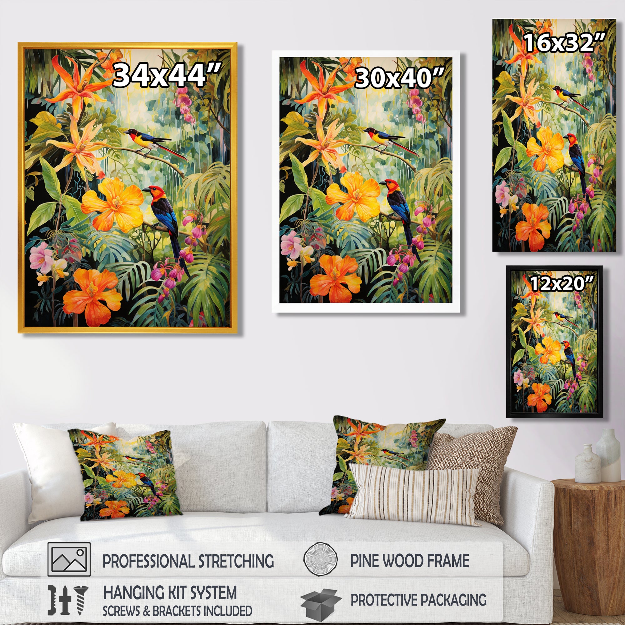 Colorful Birds In Flowery Tropical Jungle - Bird Floral Living Room Wall Art