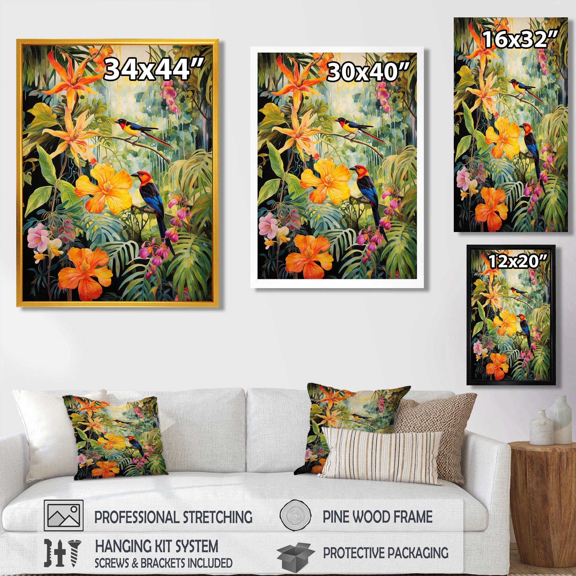 Colorful Birds In Flowery Tropical Jungle - Bird Floral Living Room Wall Art