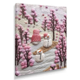Christmas Snowman In Snowy Winter Pink Tree Embroidery - Coastal Animal Canvas Wall Art