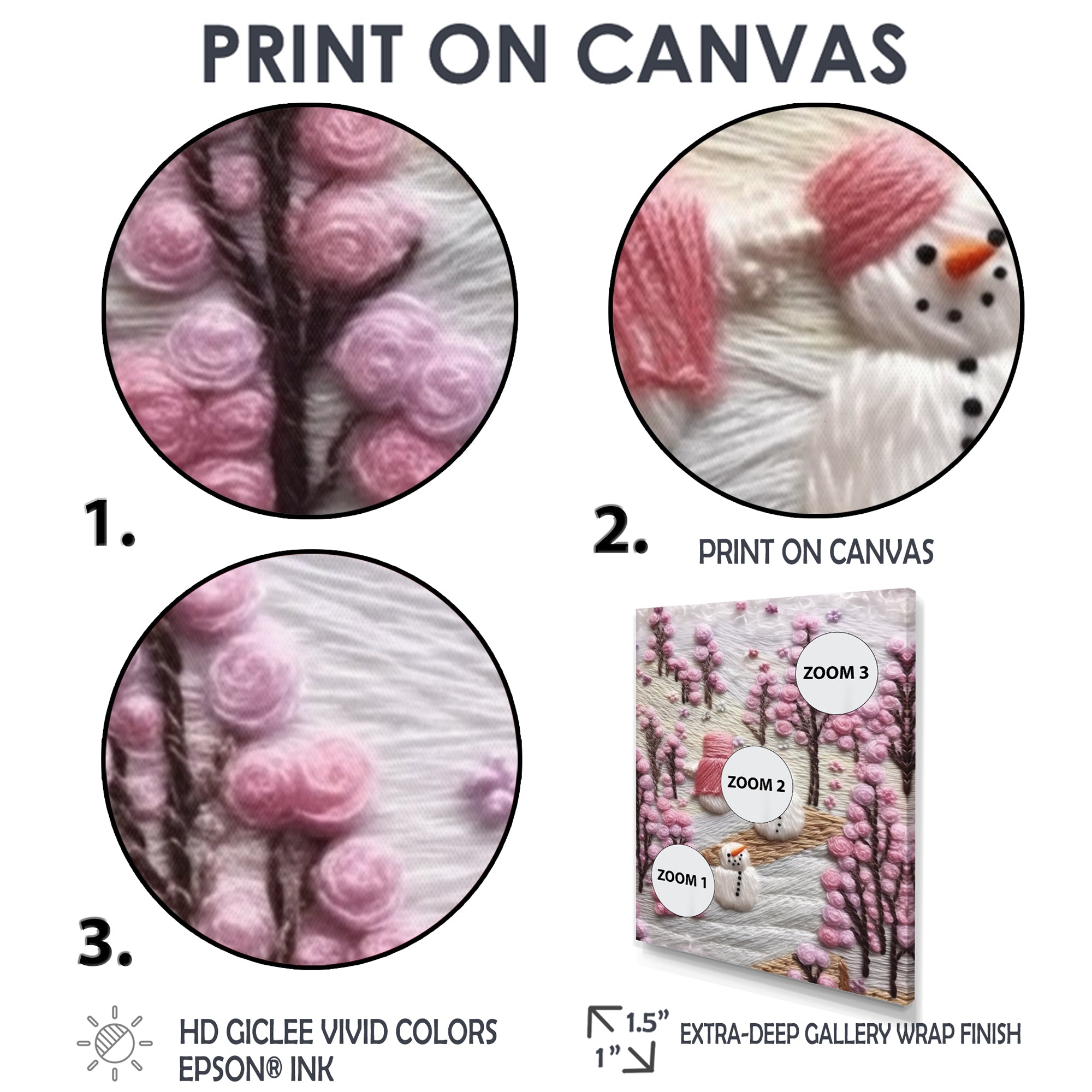 Christmas Snowman In Snowy Winter Pink Tree Embroidery - Coastal Animal Canvas Wall Art