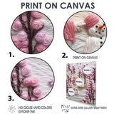 Christmas Snowman In Snowy Winter Pink Tree Embroidery - Coastal Animal Canvas Wall Art