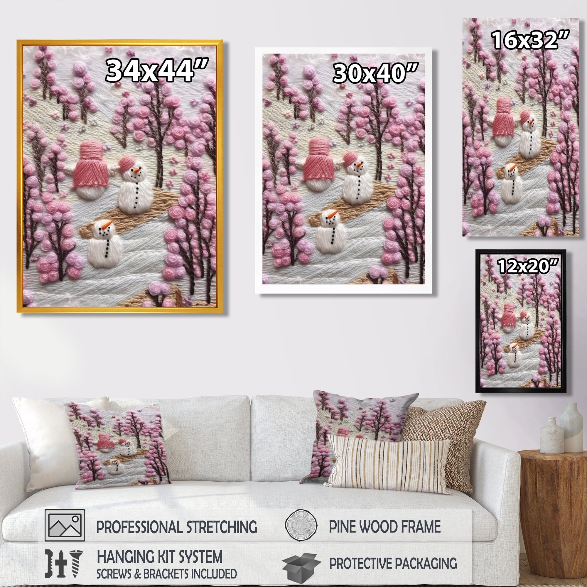 Christmas Snowman In Snowy Winter Pink Tree Embroidery - Coastal Animal Canvas Wall Art