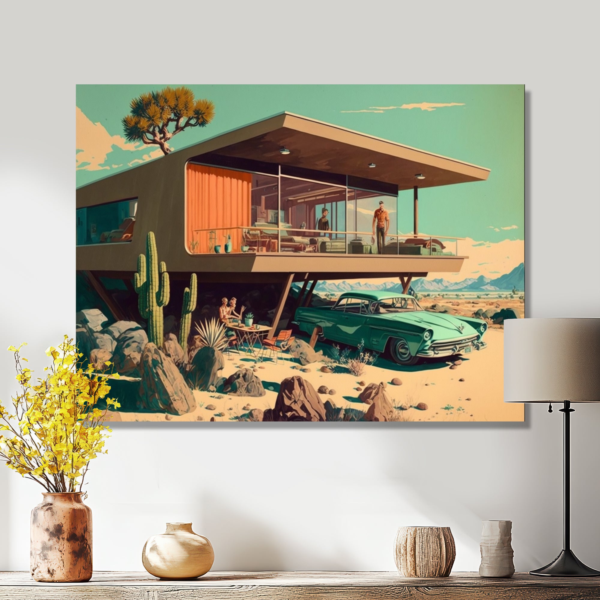 Green Car Mid Century Retro Architecture - Car Exotic Canvas Wall Art