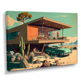 Green Car Mid Century Retro Architecture - Car Exotic Canvas Wall Art