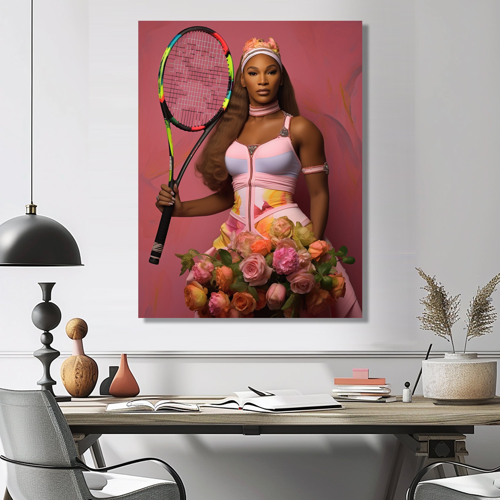 Serene With Pink Roses And Tennis Racket - Sport Tennis Canvas Wall Art