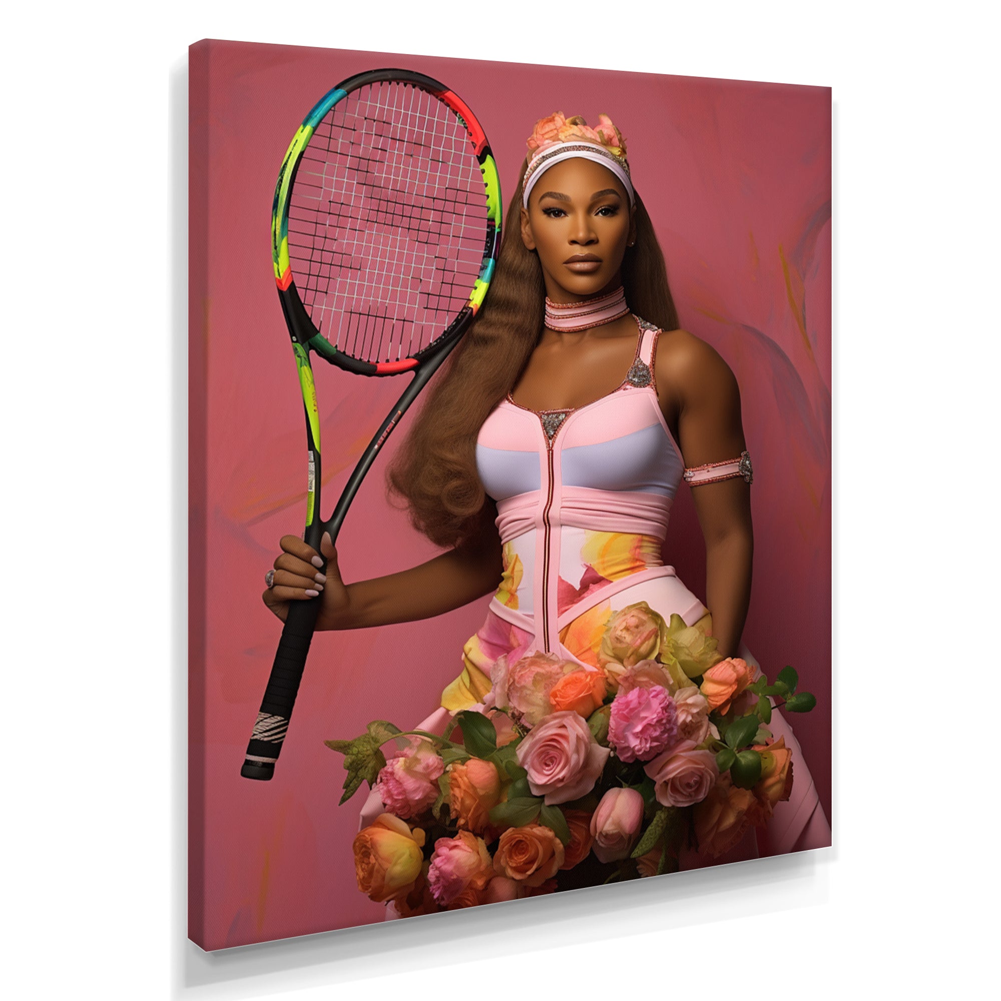 Serene With Pink Roses And Tennis Racket - Sport Tennis Canvas Wall Art