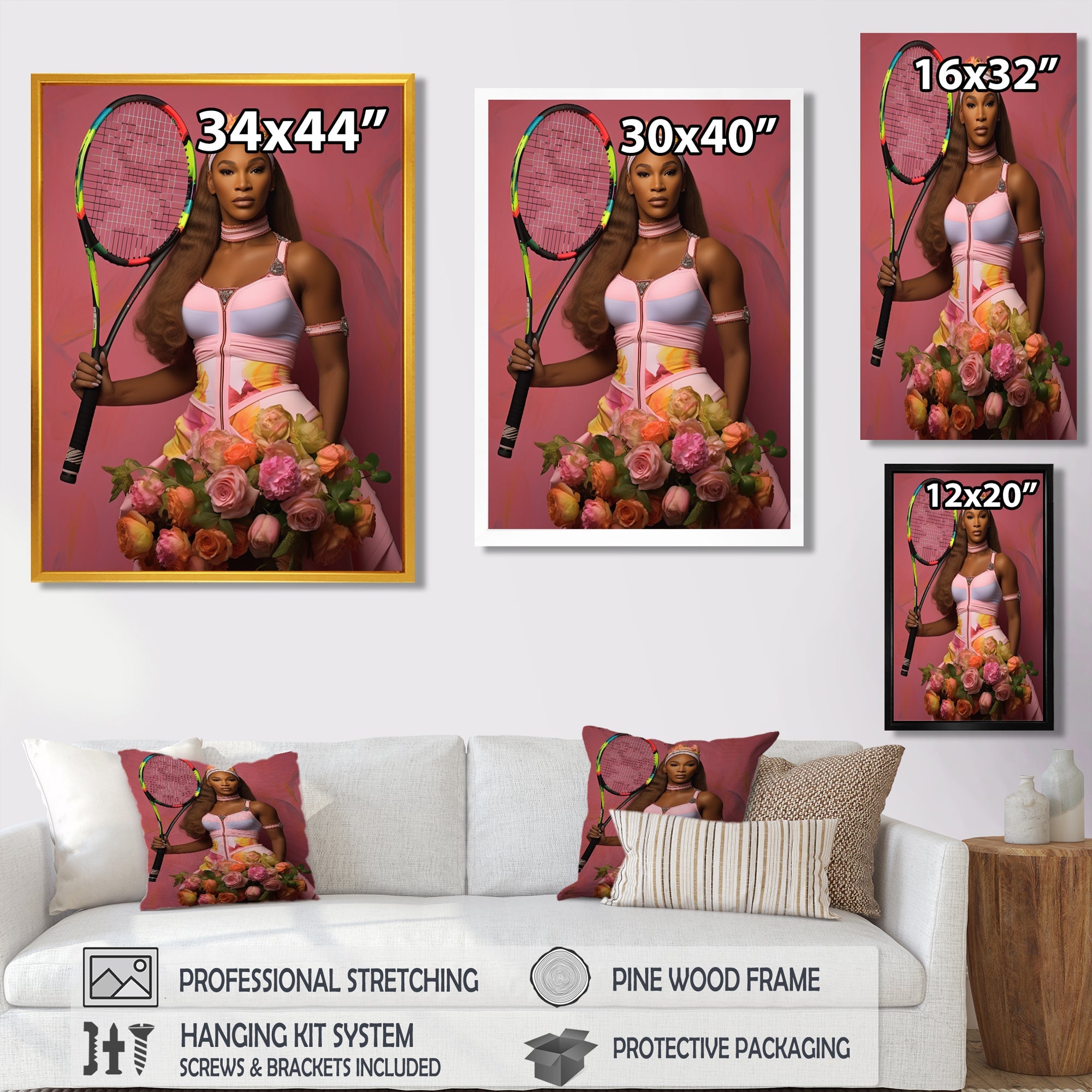 Serene With Pink Roses And Tennis Racket - Sport Tennis Canvas Wall Art