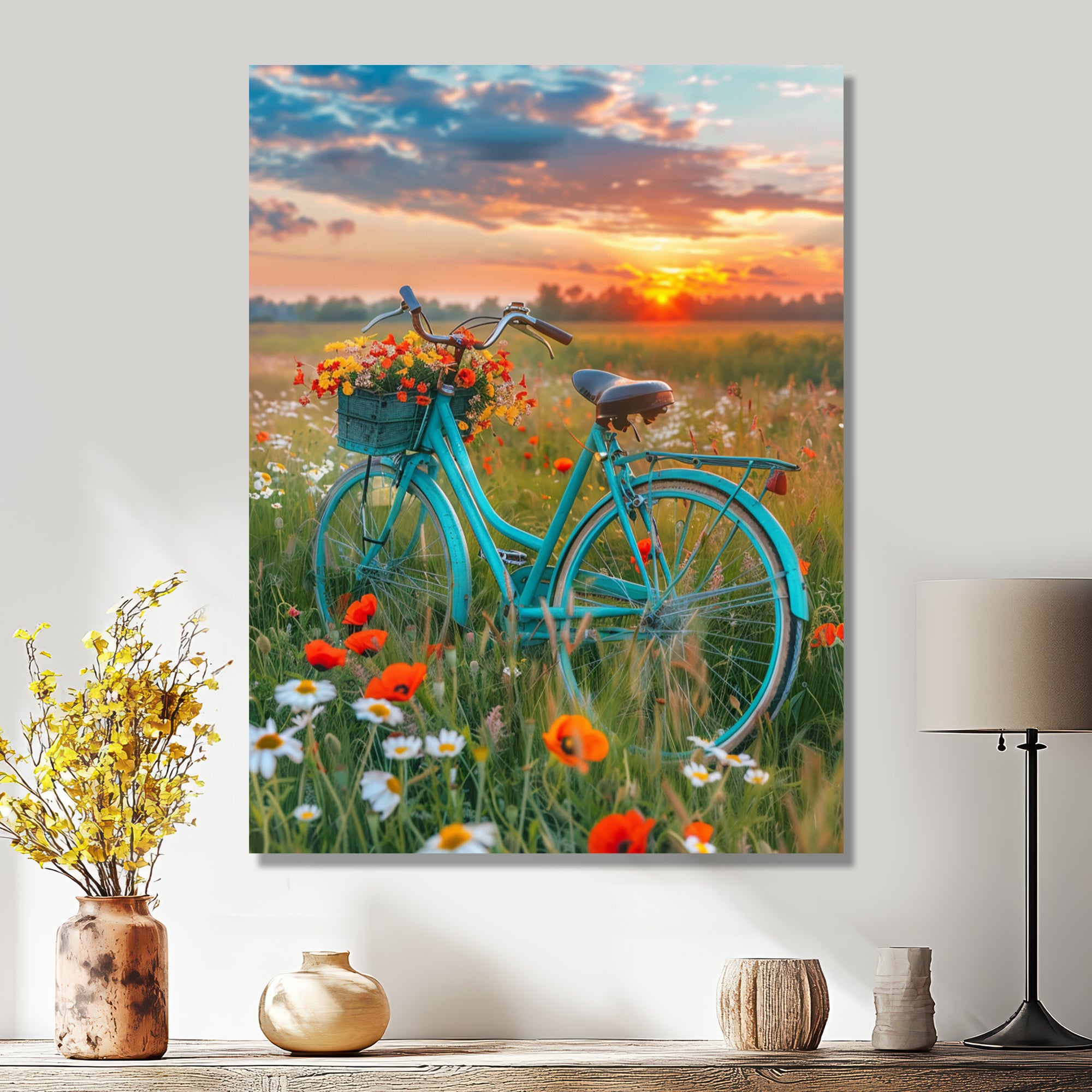 Blue Beach Bike In Spring Flower Field Sunset - Bicycle Canvas Wall Art