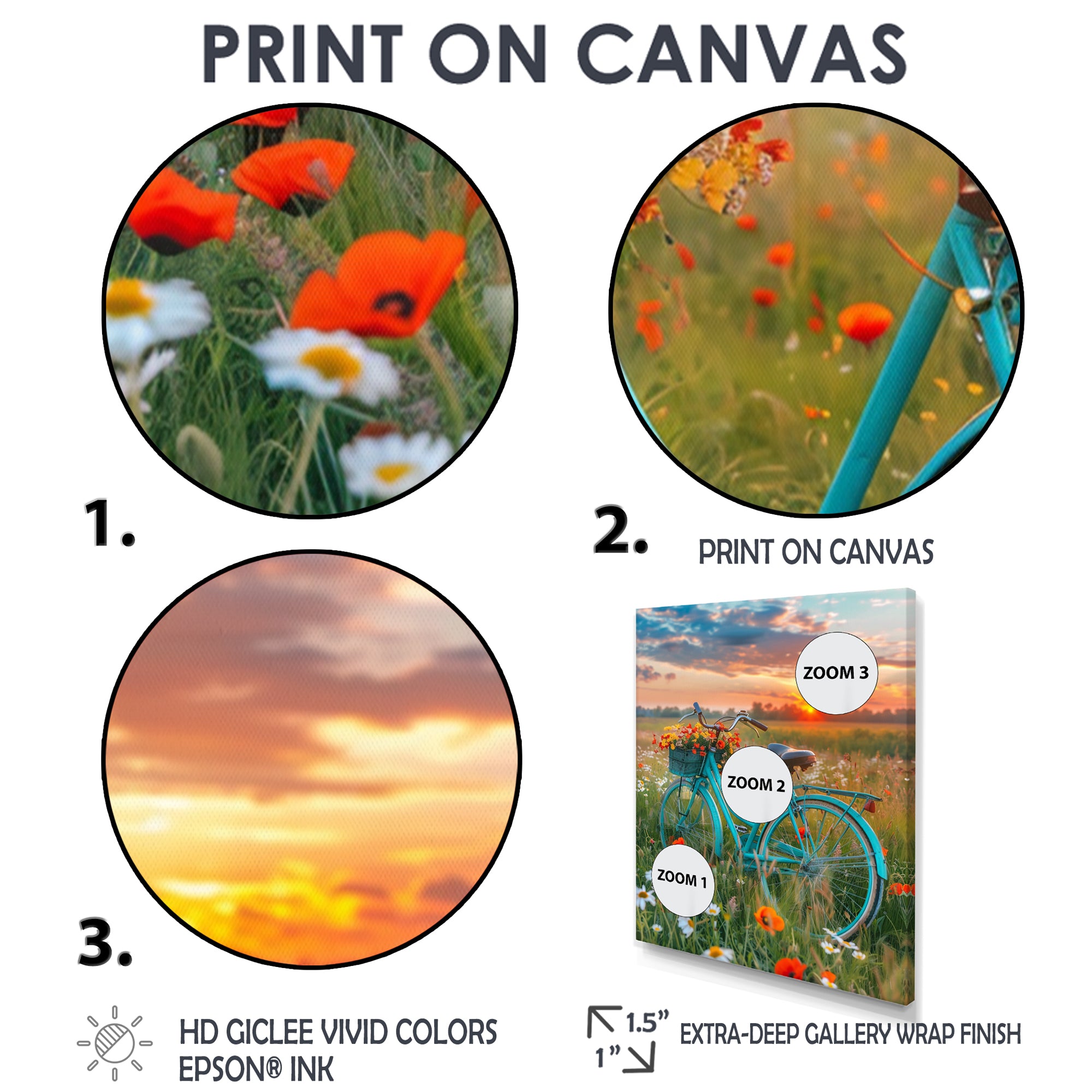 Blue Beach Bike In Spring Flower Field Sunset - Bicycle Canvas Wall Art