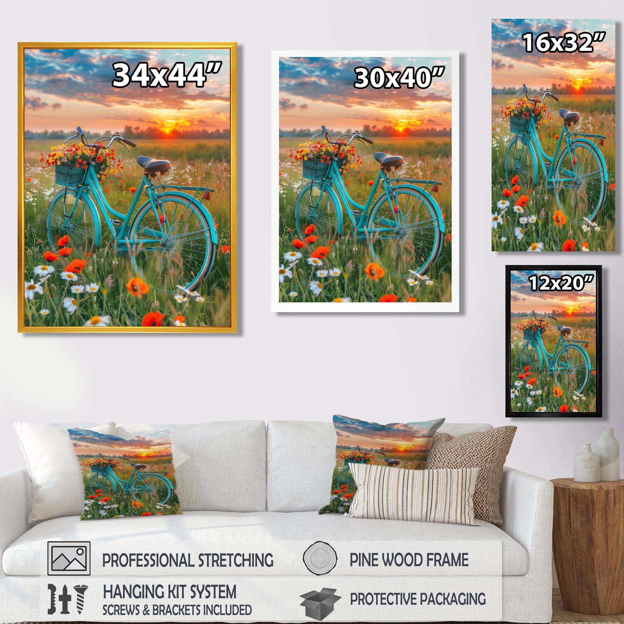 Blue Beach Bike In Spring Flower Field Sunset - Bicycle Canvas Wall Art