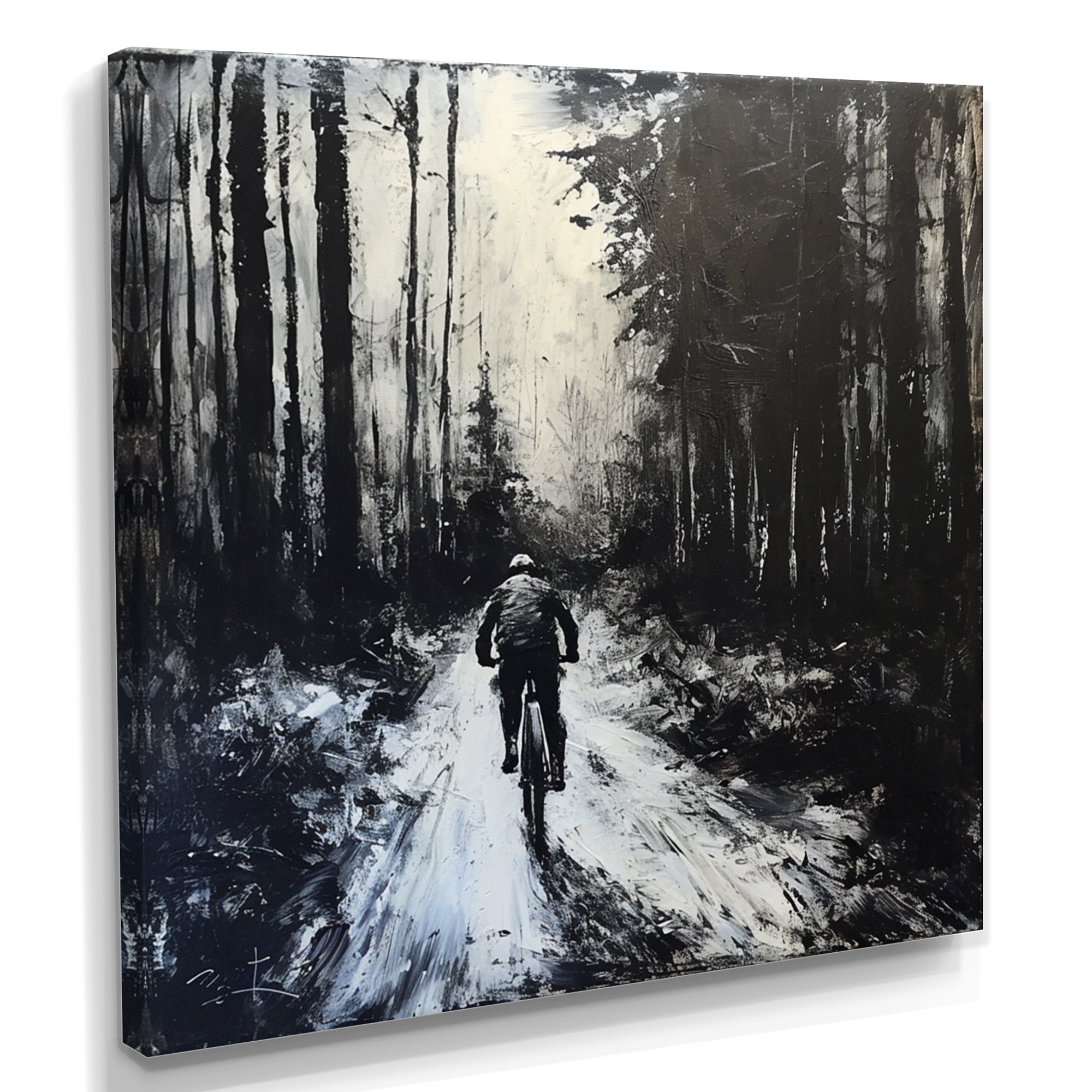 Biking In The Winter Woods Monochrome - Bicycle Canvas Wall Art