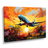 Airliner Taking Off In The Autumn Sunset - Train Canvas Wall Art
