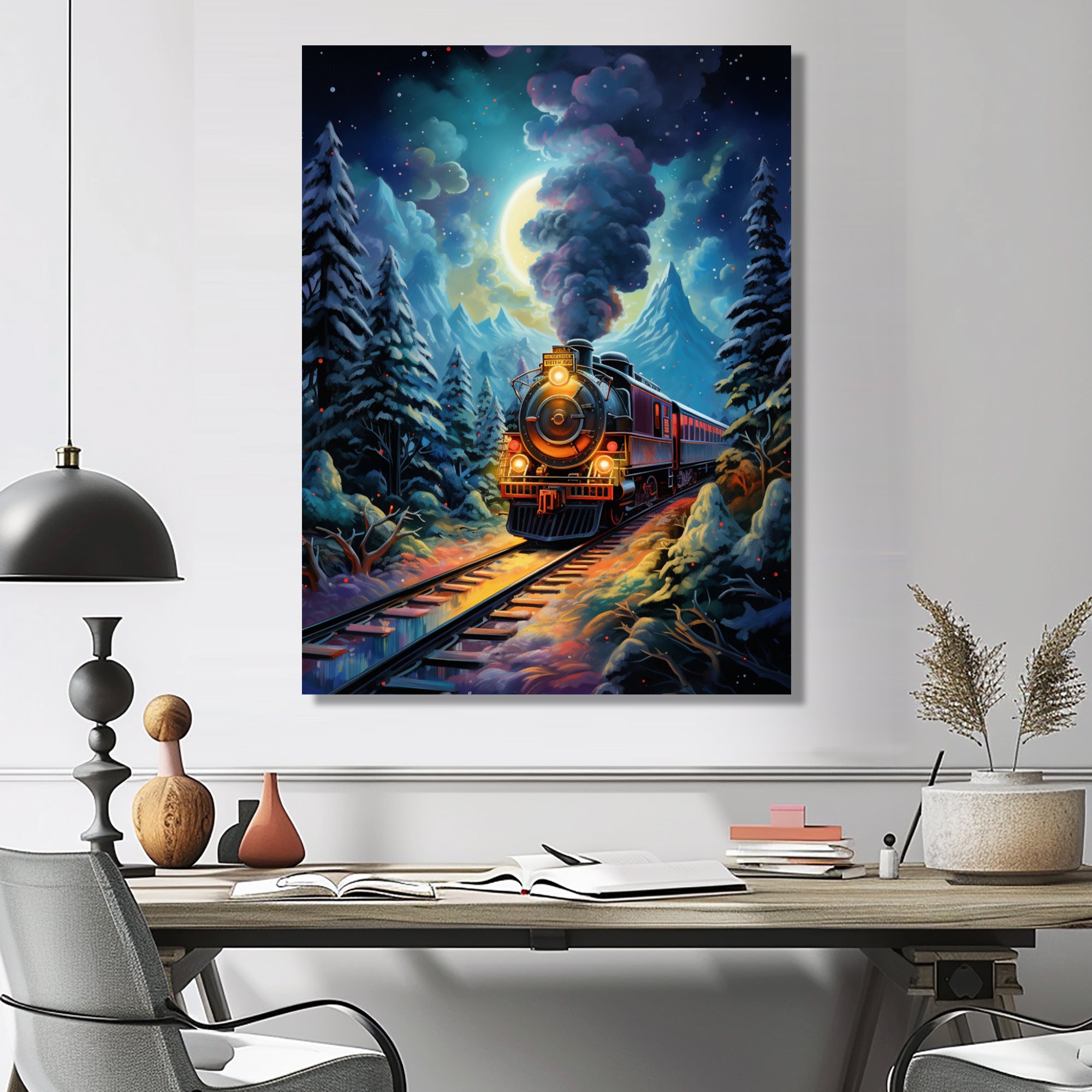 Polar Express Full Moon Mountains Steam - Train Canvas Wall Art