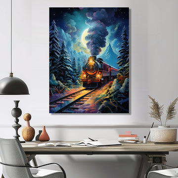 Polar Express Full Moon Mountains Steam - Train Canvas Wall Art