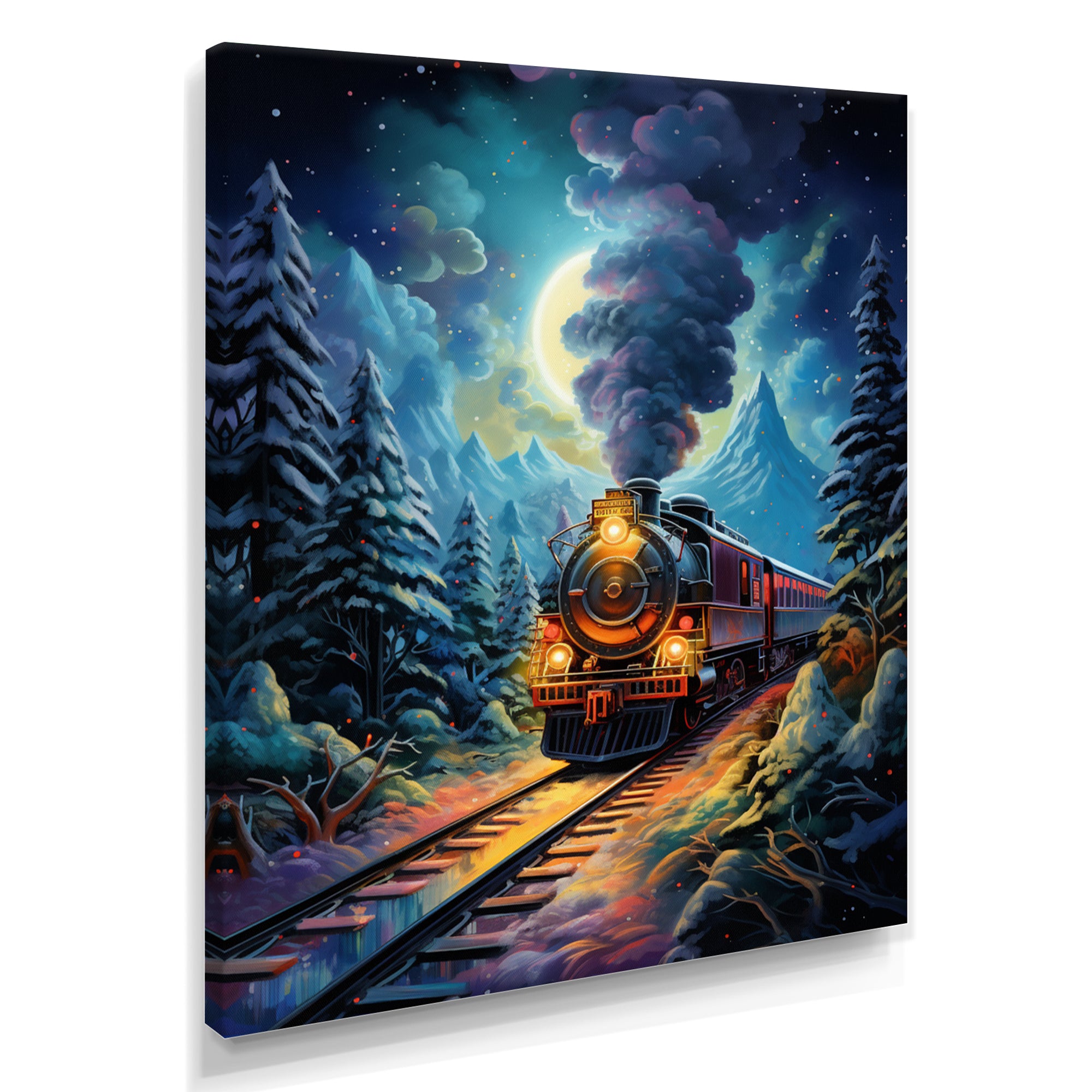 Polar Express Full Moon Mountains Steam - Train Canvas Wall Art