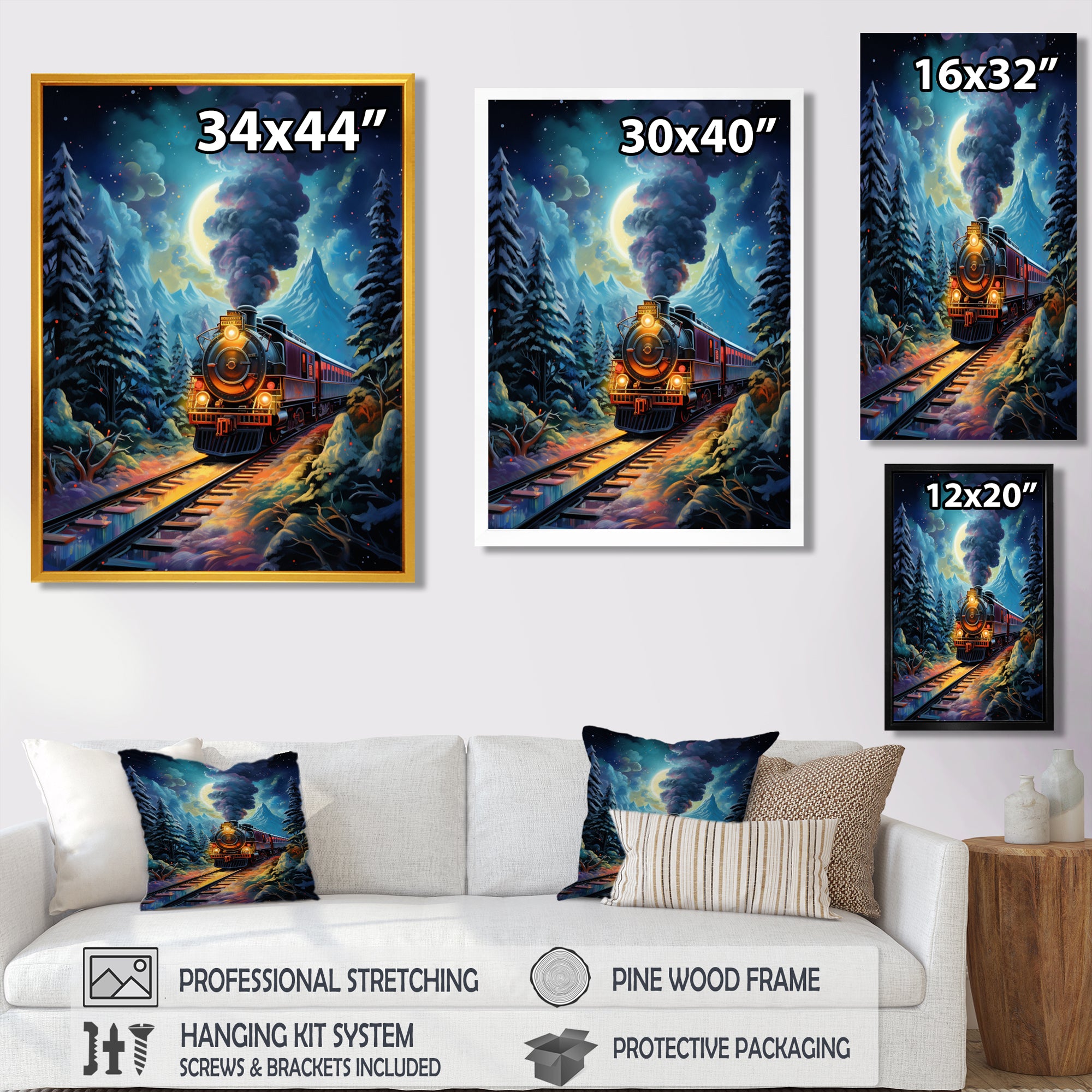 Polar Express Full Moon Mountains Steam - Train Canvas Wall Art