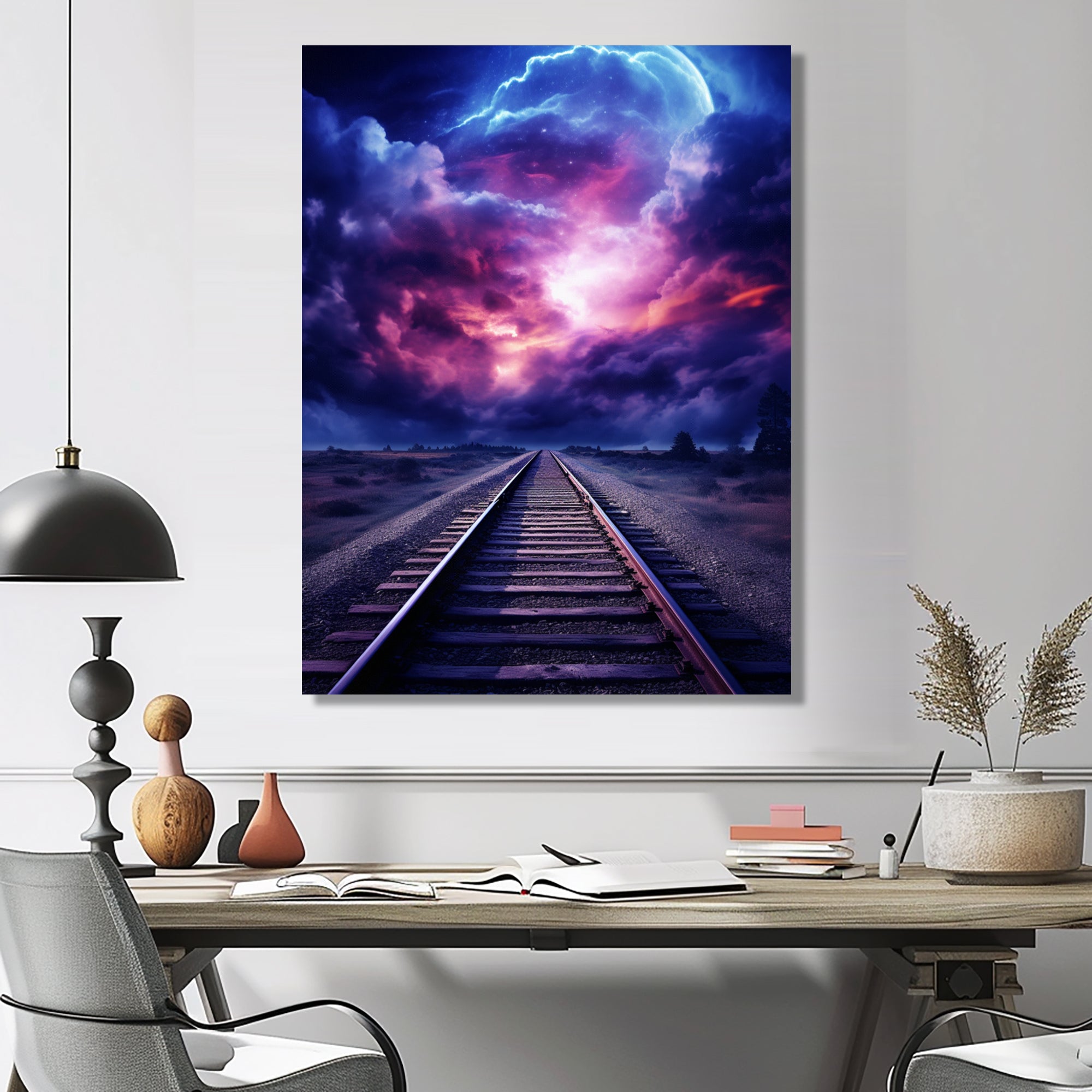 Purple Lavender Train Tracks Fuchsia Sunset Clouds I - Train Canvas Wall Art