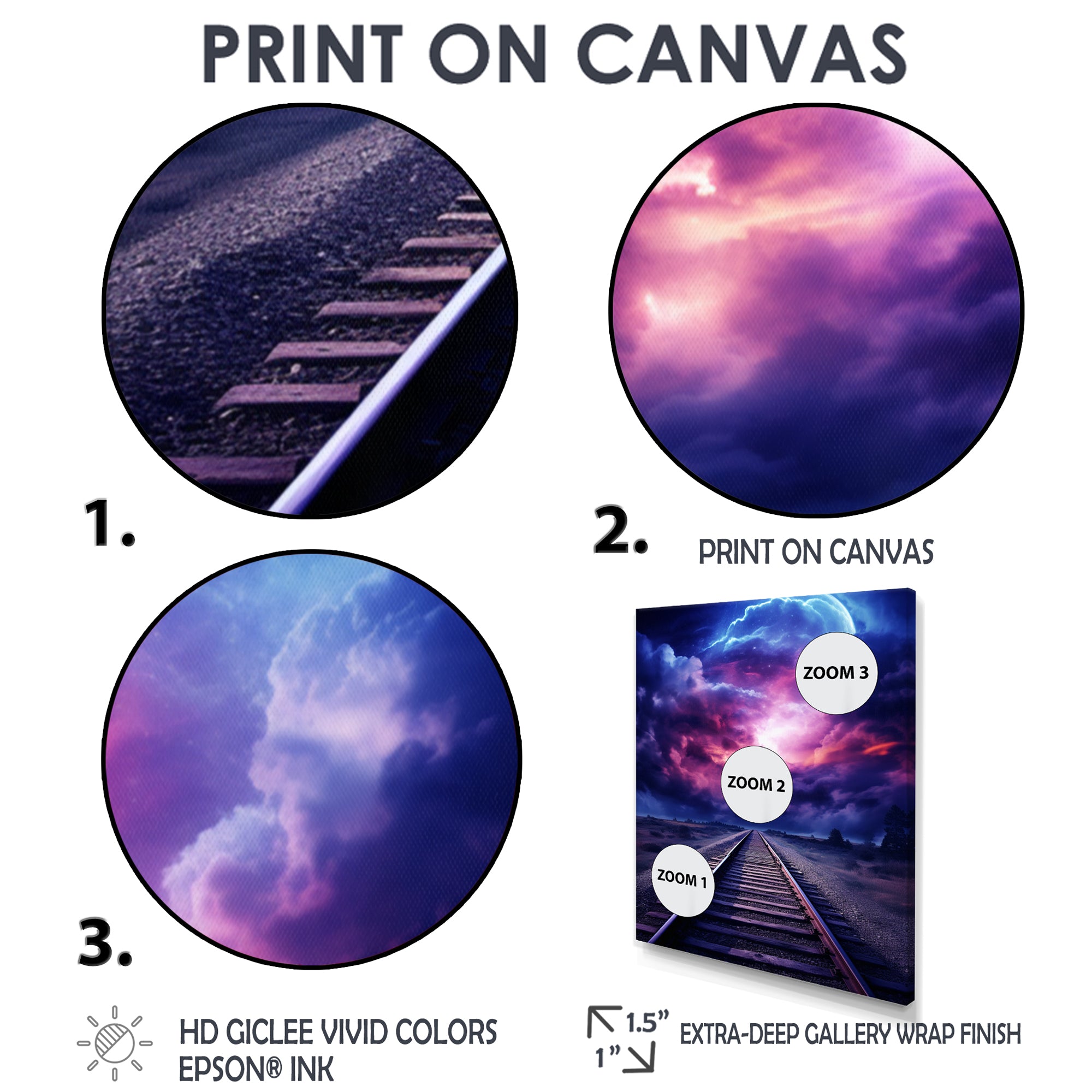 Purple Lavender Train Tracks Fuchsia Sunset Clouds I - Train Canvas Wall Art