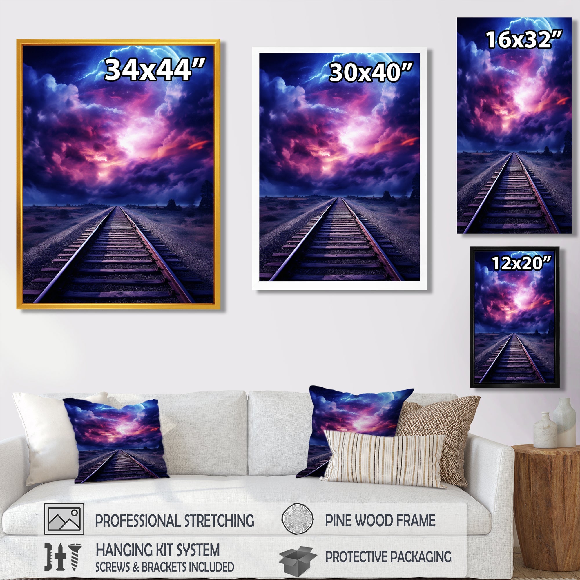 Purple Lavender Train Tracks Fuchsia Sunset Clouds I - Train Canvas Wall Art