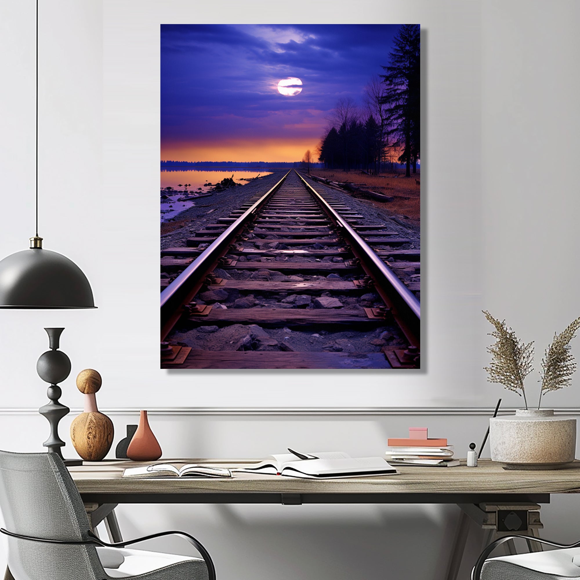 Purple Train Tracks To The Full Moon - Train Canvas Wall Art