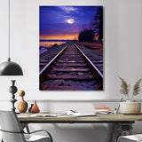 Purple Train Tracks To The Full Moon - Train Canvas Wall Art