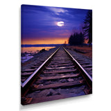 Purple Train Tracks To The Full Moon - Train Canvas Wall Art