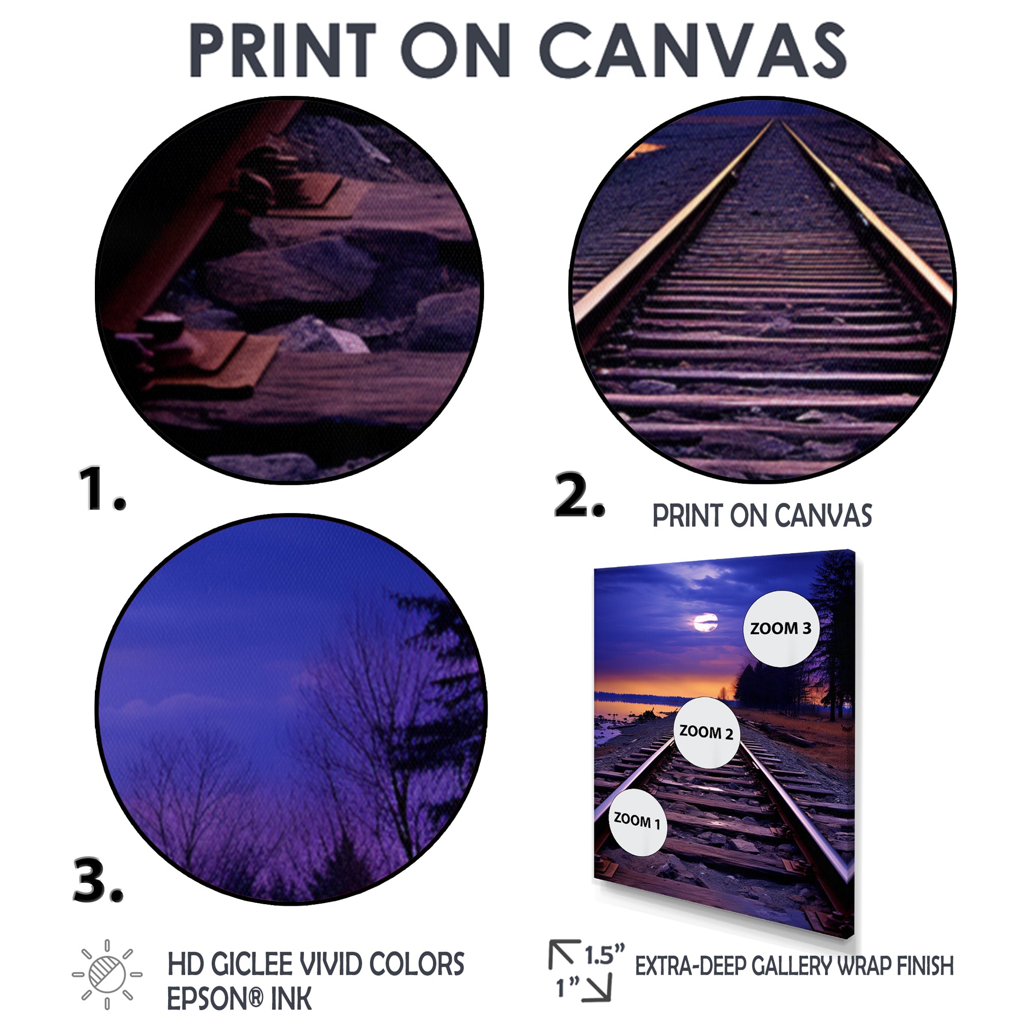 Purple Train Tracks To The Full Moon - Train Canvas Wall Art