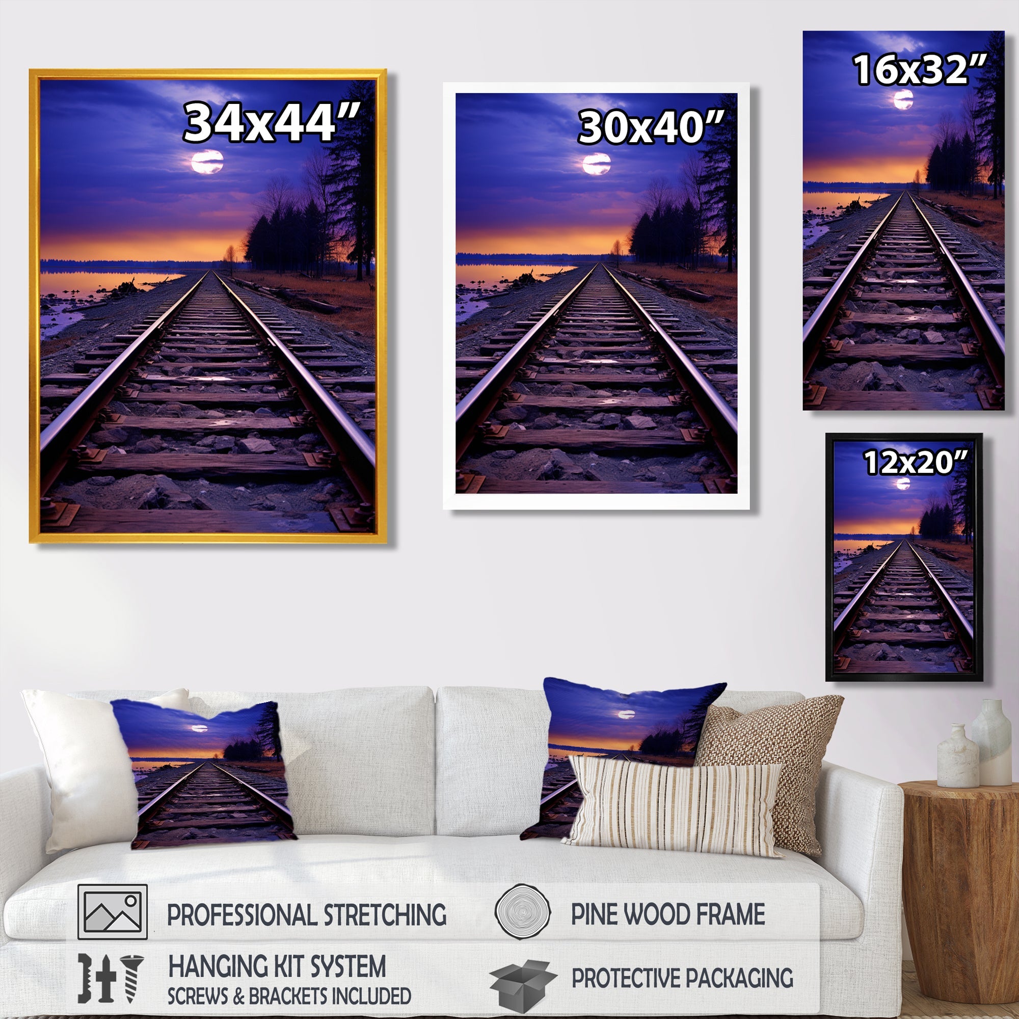 Purple Train Tracks To The Full Moon - Train Canvas Wall Art