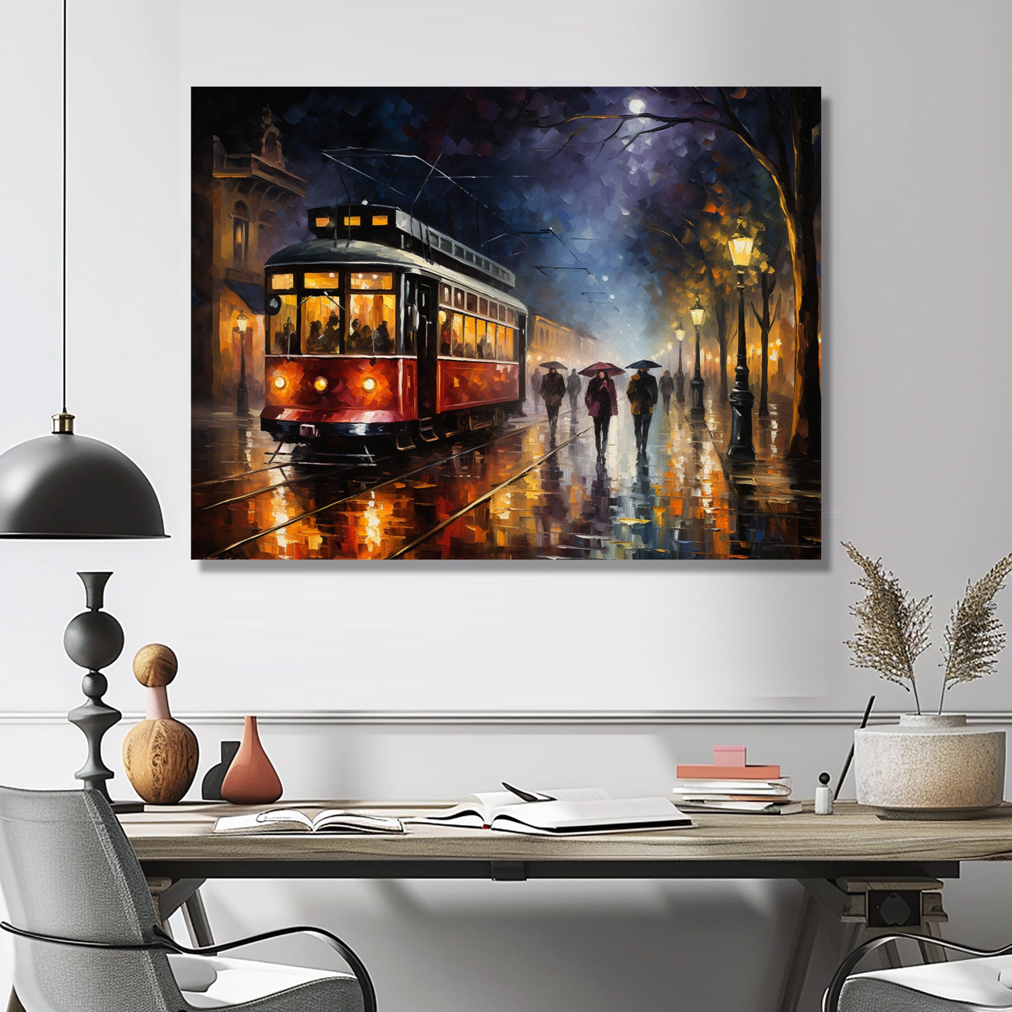Vintage Tram Rainy Evening Paris - Train Canvas Wall Art