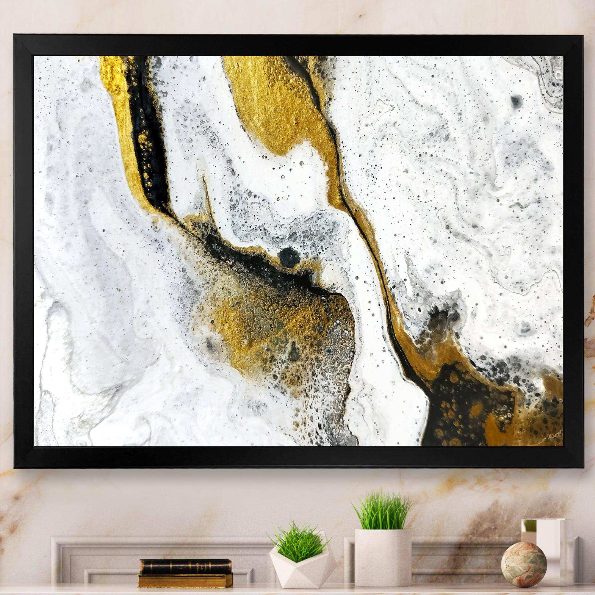 Gold and Black on White Acrylic Marble - Modern Living Room Wall Decor