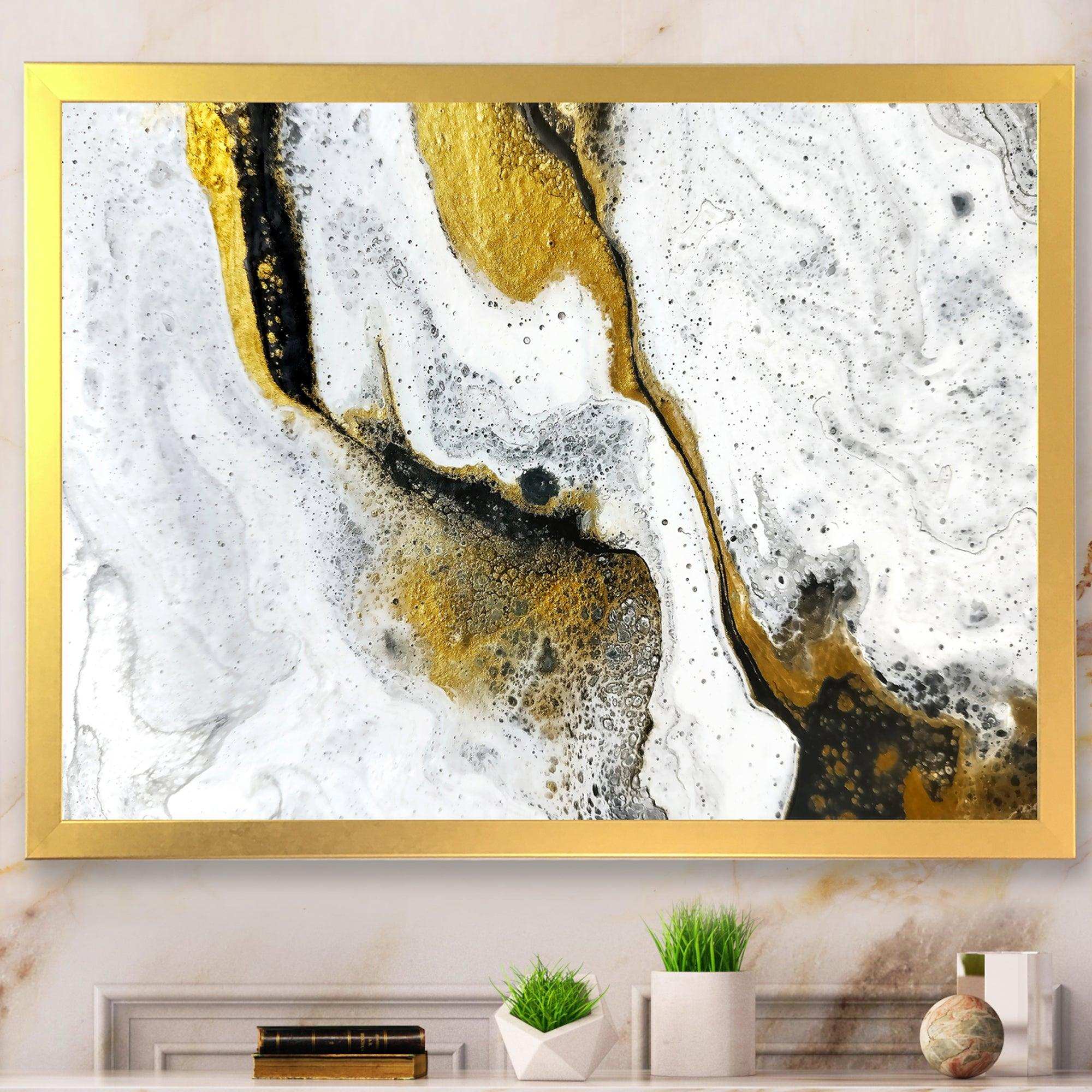 Gold and Black on White Acrylic Marble - Modern Living Room Wall Decor