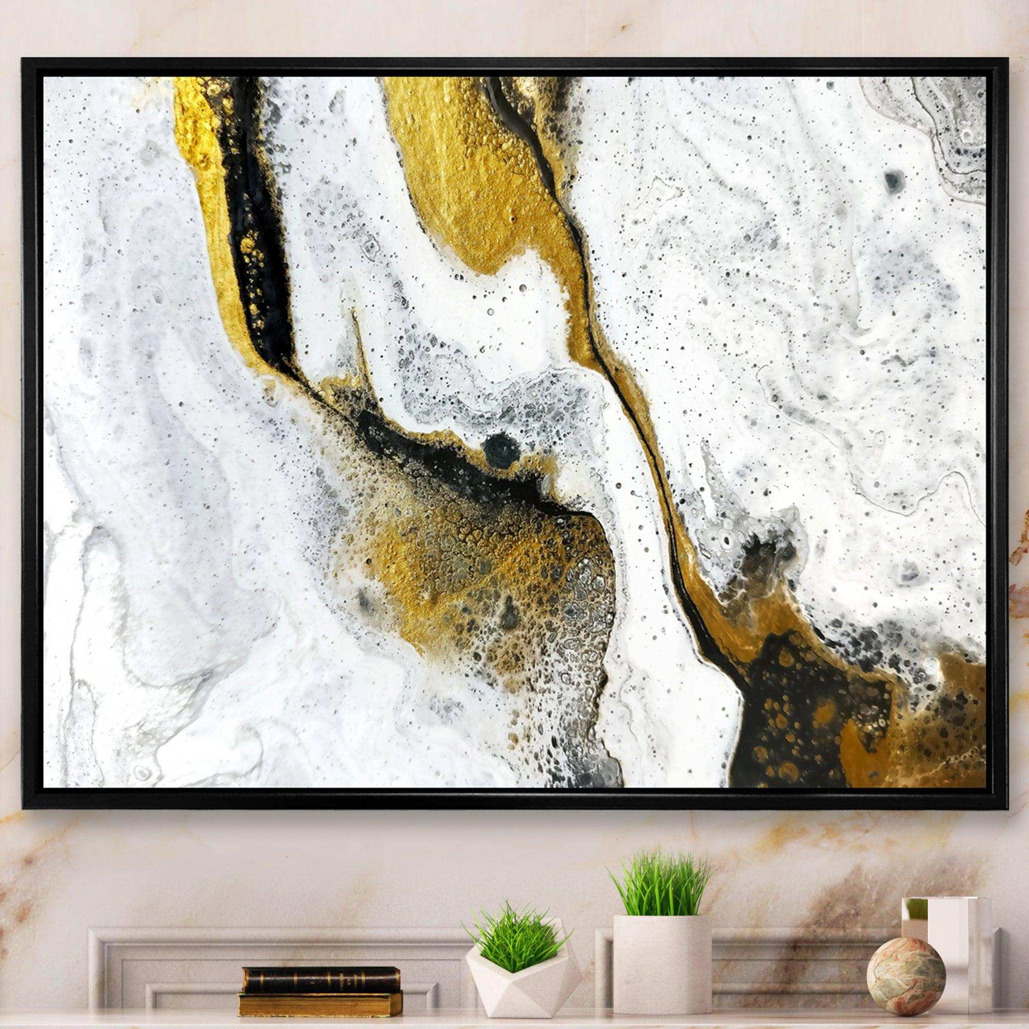 Gold and Black on White Acrylic Marble - Modern Living Room Wall Decor