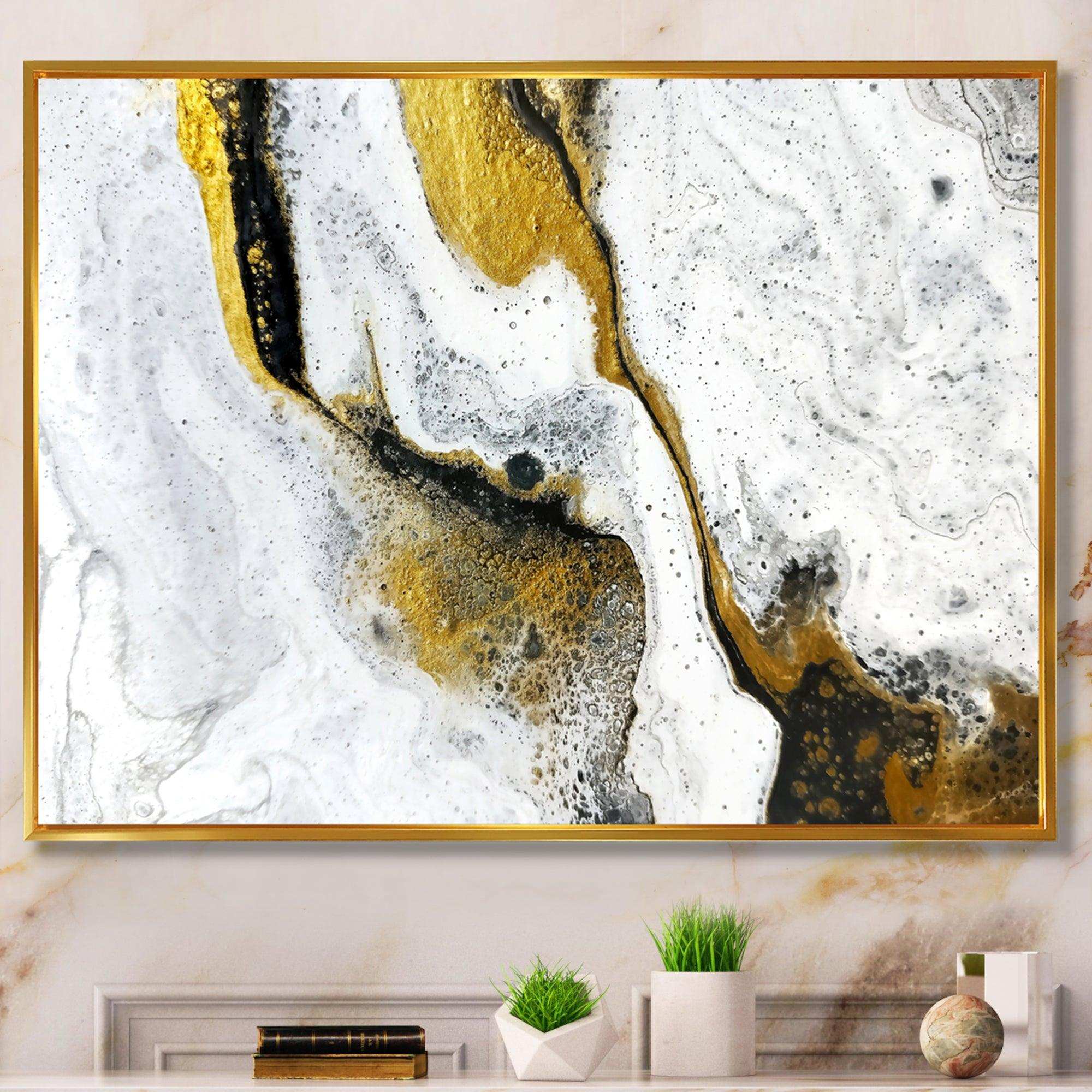 Gold and Black on White Acrylic Marble - Modern Living Room Wall Decor