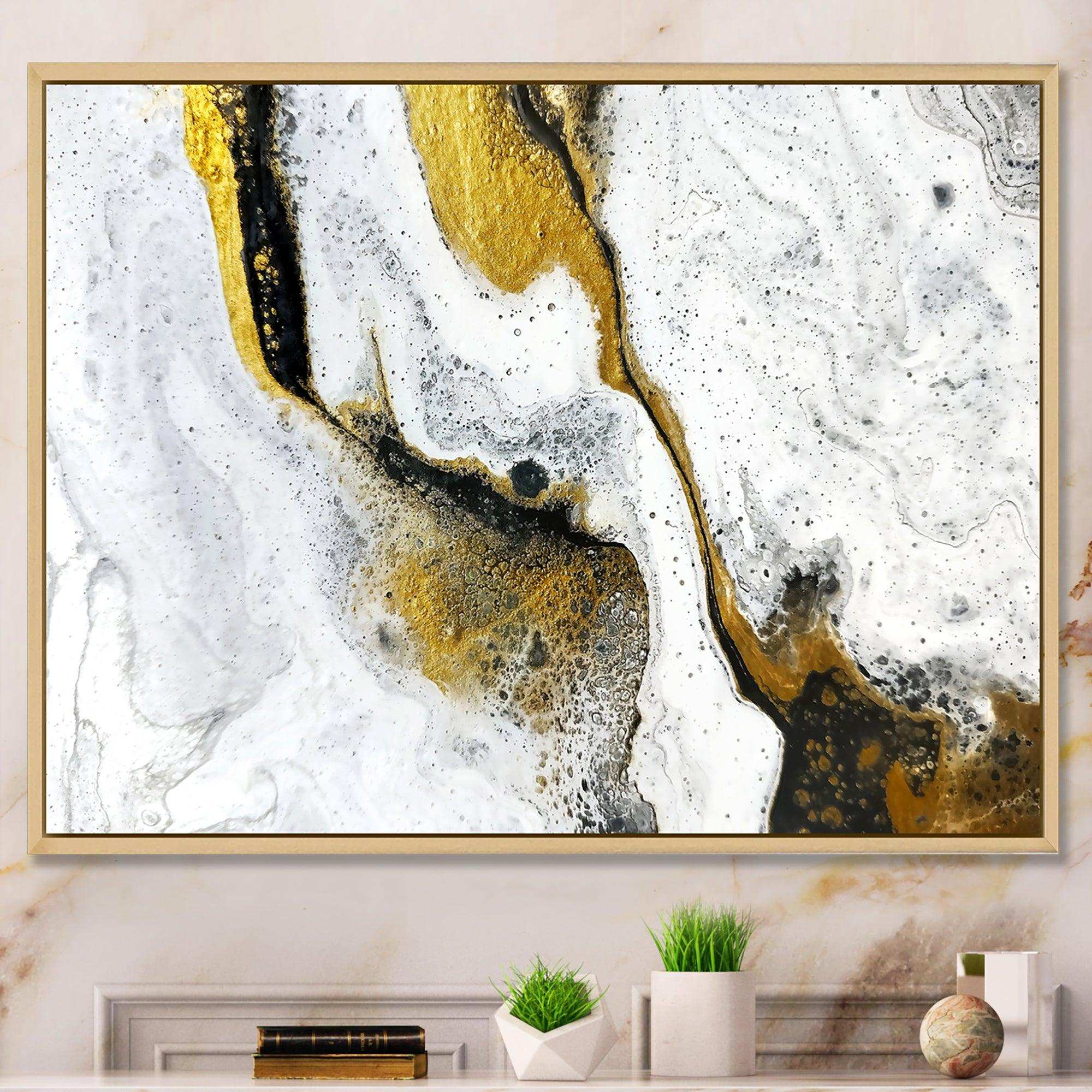 Gold and Black on White Acrylic Marble - Modern Living Room Wall Decor