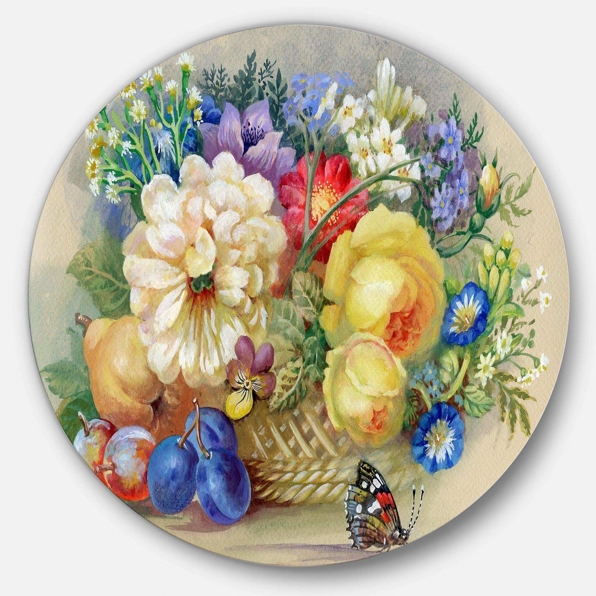 Bunch of Flowers and Fruits - Floral Round Metal Wall Art