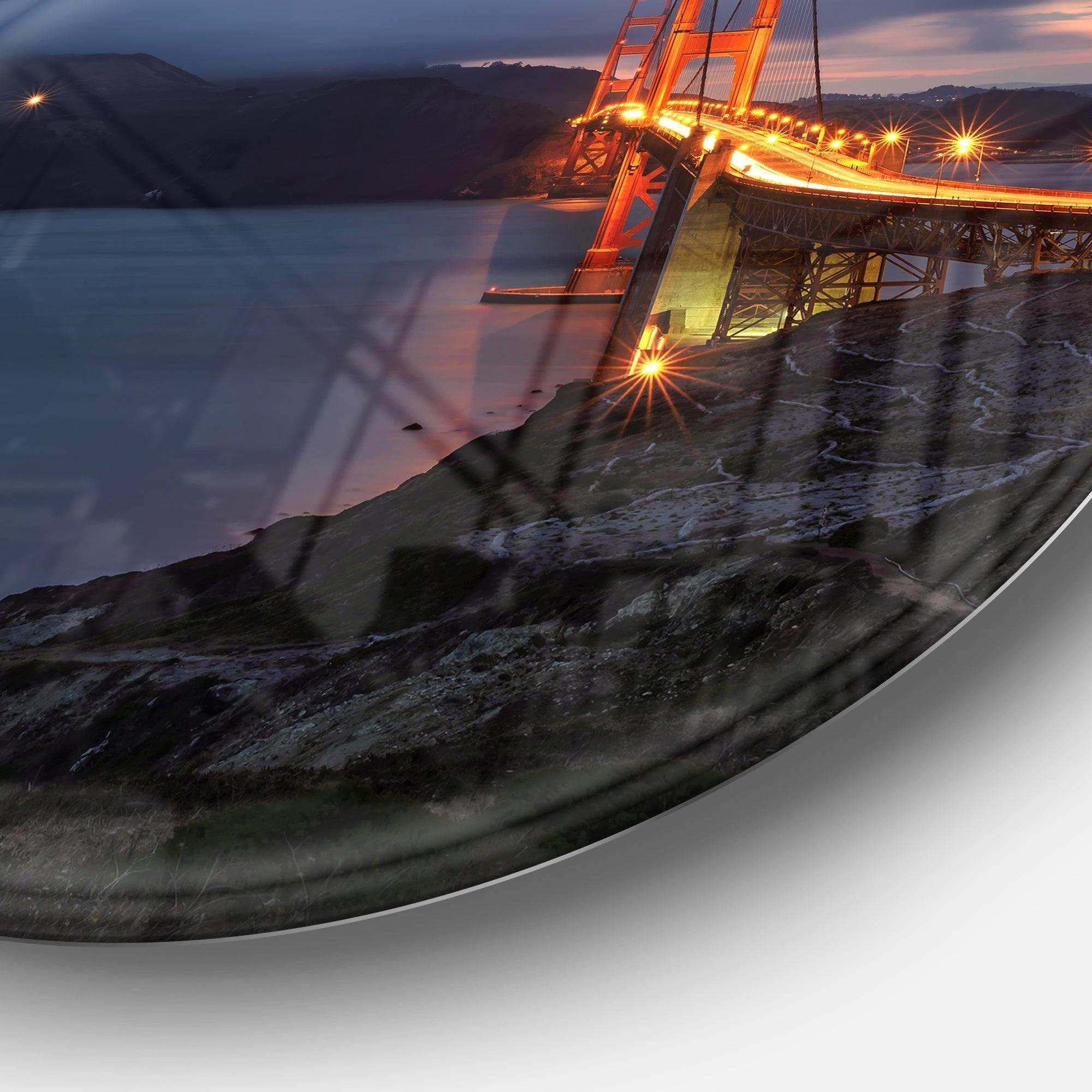 Golden Gate with Night Illumination - Coastal Circle Metal Wall Decor