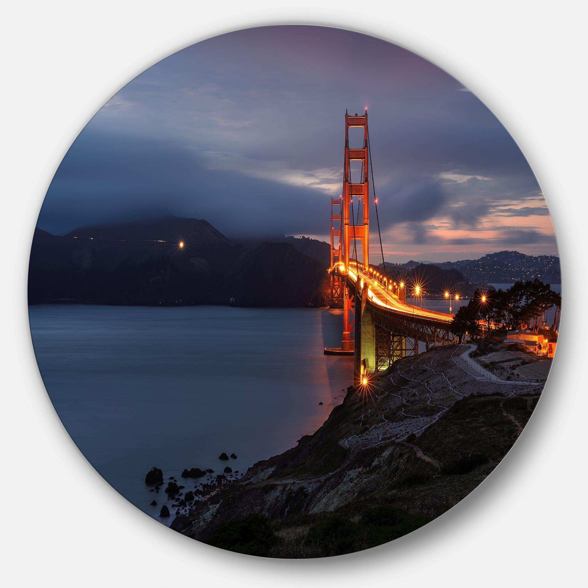 Golden Gate with Night Illumination - Coastal Circle Metal Wall Decor