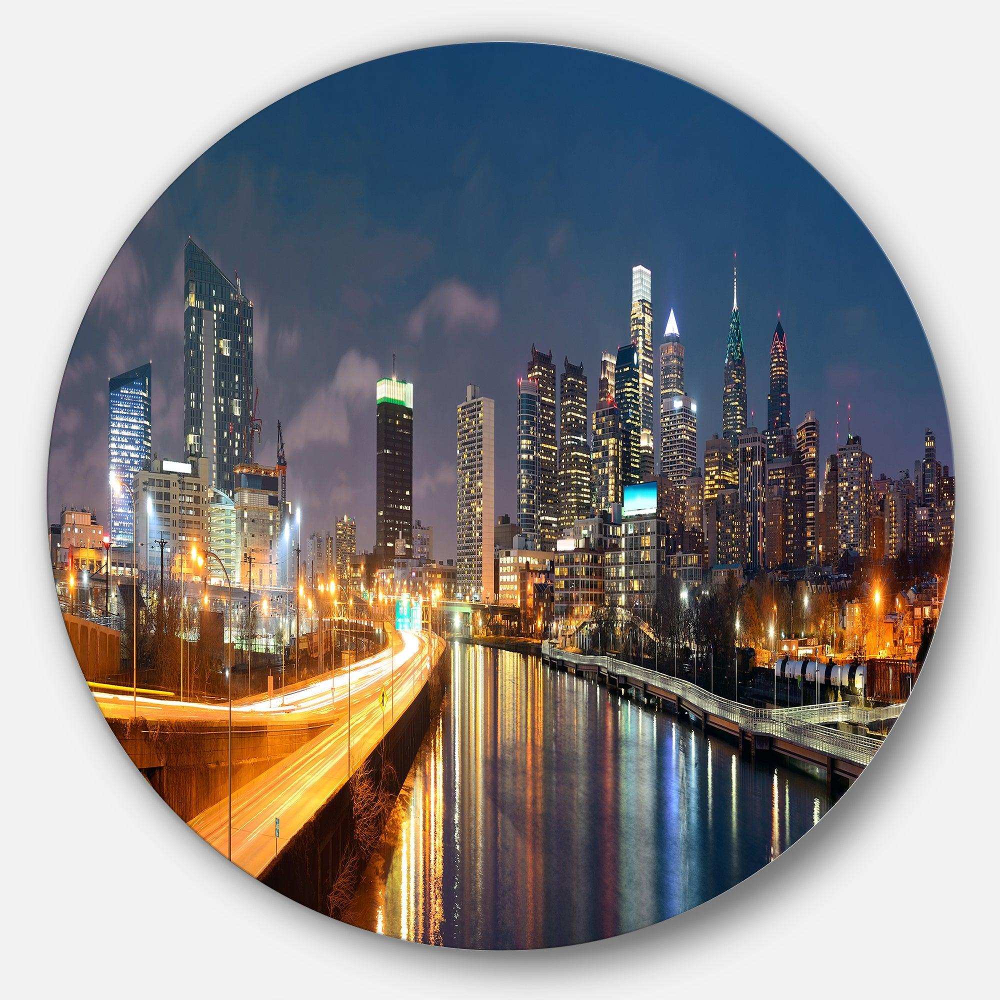 Philadelphia Skyline at Night - Architecture Circle Metal Wall Decor