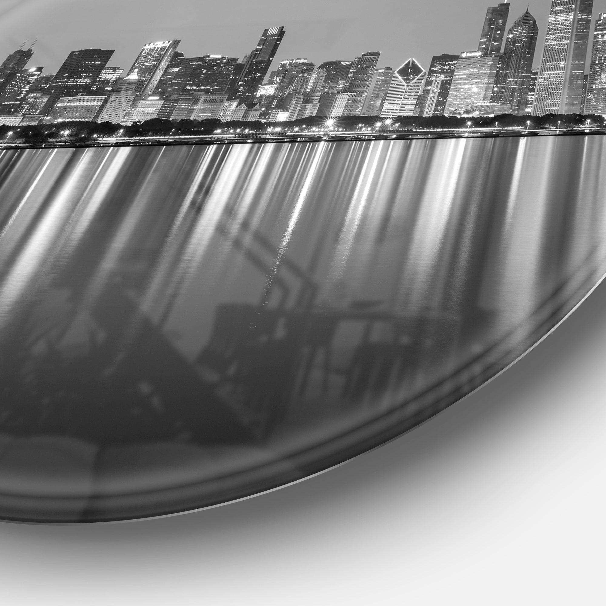 Chicago Skyline at Night Black and White - Architecture Oversized Circle Metal Wall Art