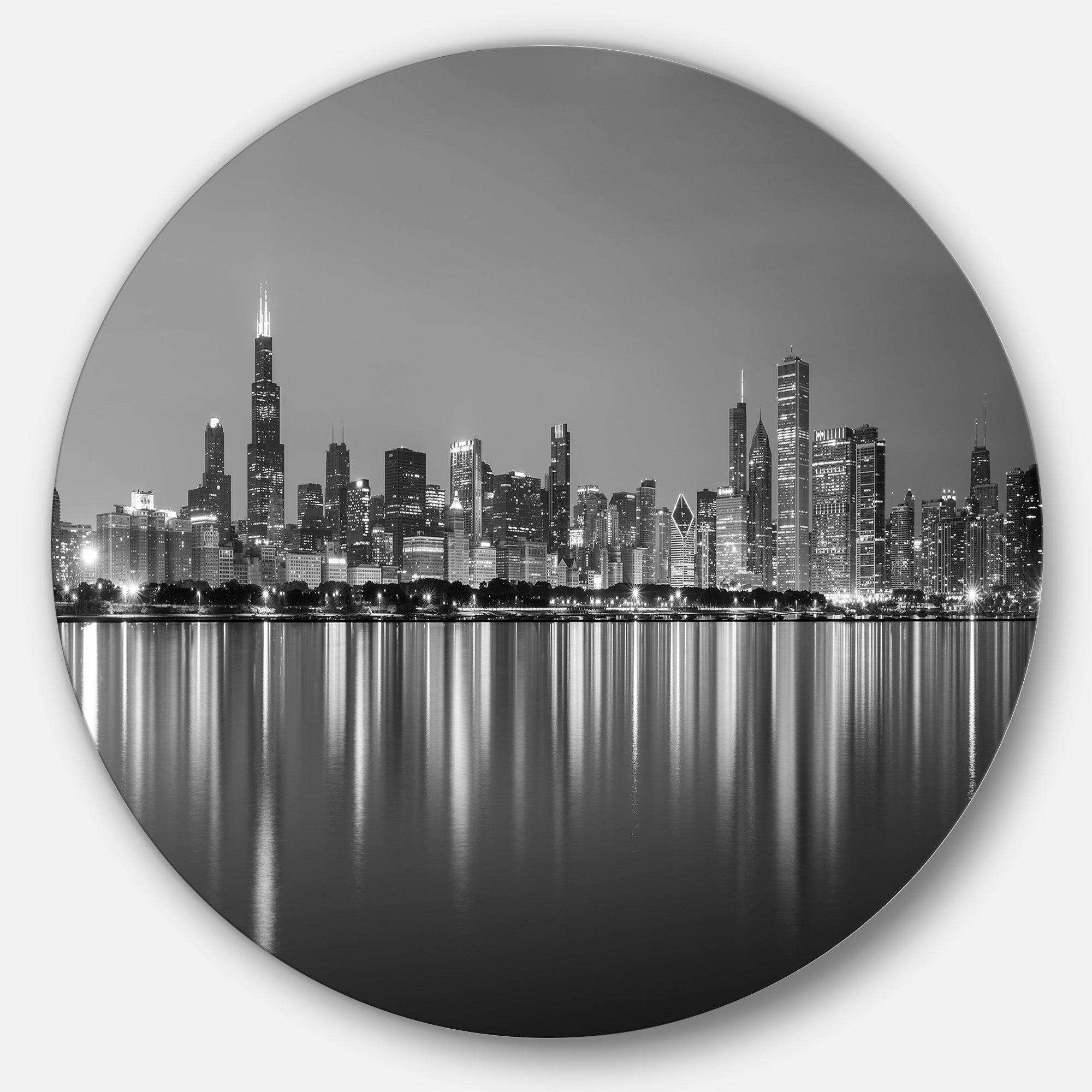 Chicago Skyline at Night Black and White - Architecture Oversized Circle Metal Wall Art